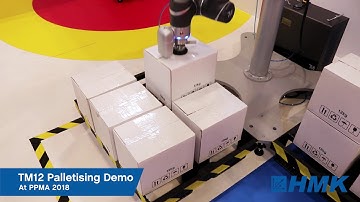 TM12 Collaborative Robot Palletising Boxes at PPMA 2018