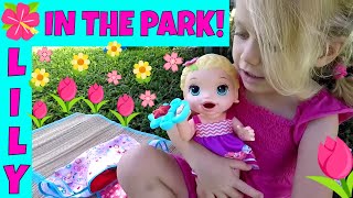 Baby Alive Snacking Lily Is Having Fun In The Park Feeding Her Real Baby Puffs & Fake Milk Bottle