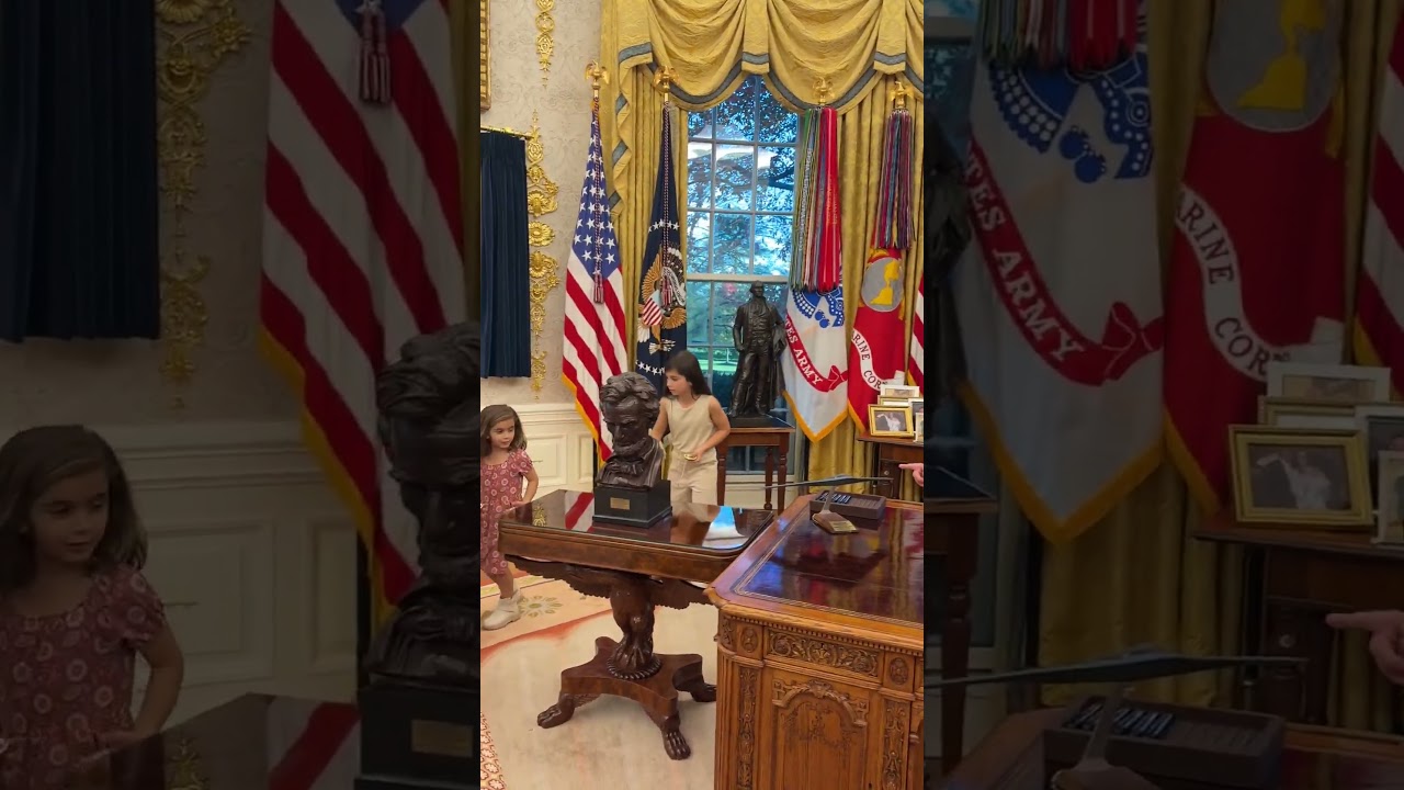 President Trump brings kids into the Oval Office and gives them gifts