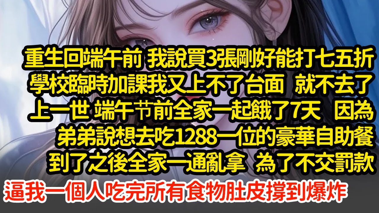 重生回來  我說學校臨時加課我就不去了，上一世  端午节前全家一起餓了7天  ，因為弟弟說想去吃1288一位的豪華自助，為了不交罰款讓我一個人吃完所有食物肚皮撐到爆炸 #小說#推文#新題材#爽文#復仇
