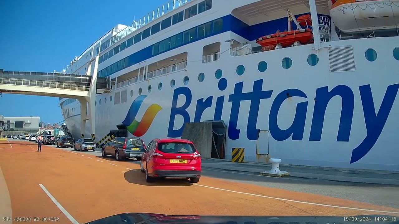 Santander Ferry Port - Boarding Ferry Brittany Ferries Pont-Aven by car from entrance to ship