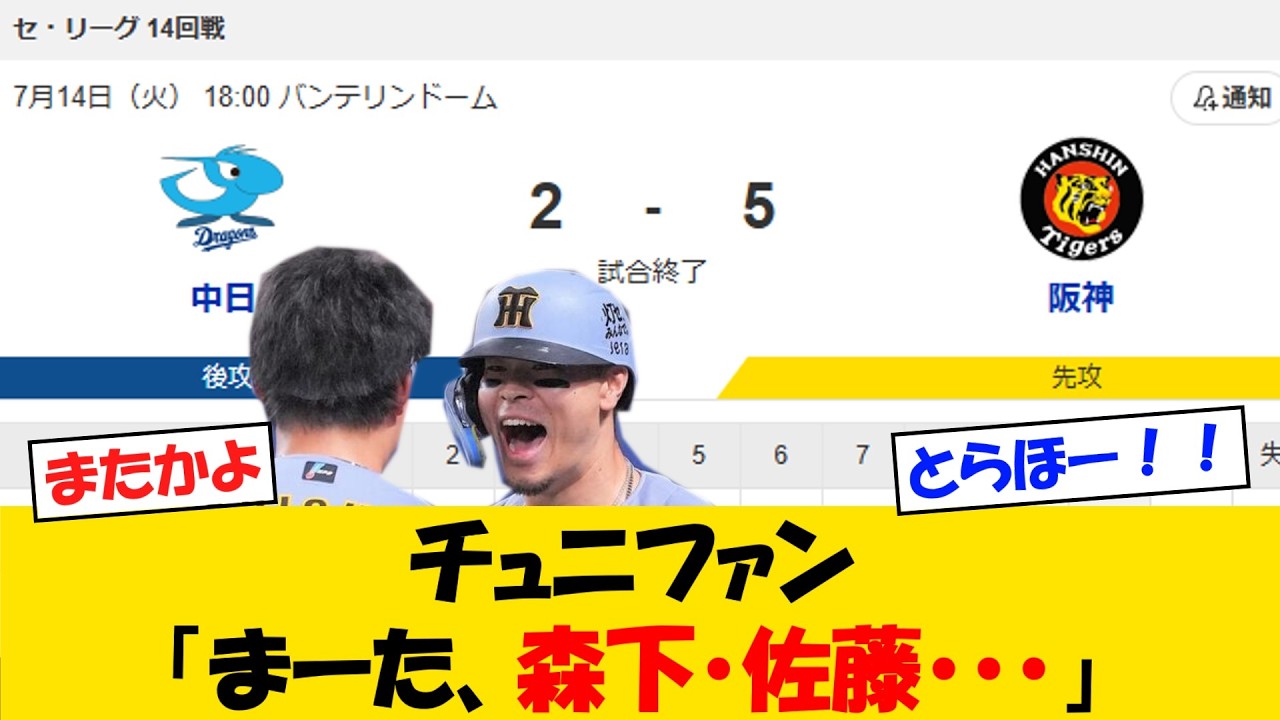 3HR】チュニファンさん「まーた森下と佐藤やん・・・」【野球情報