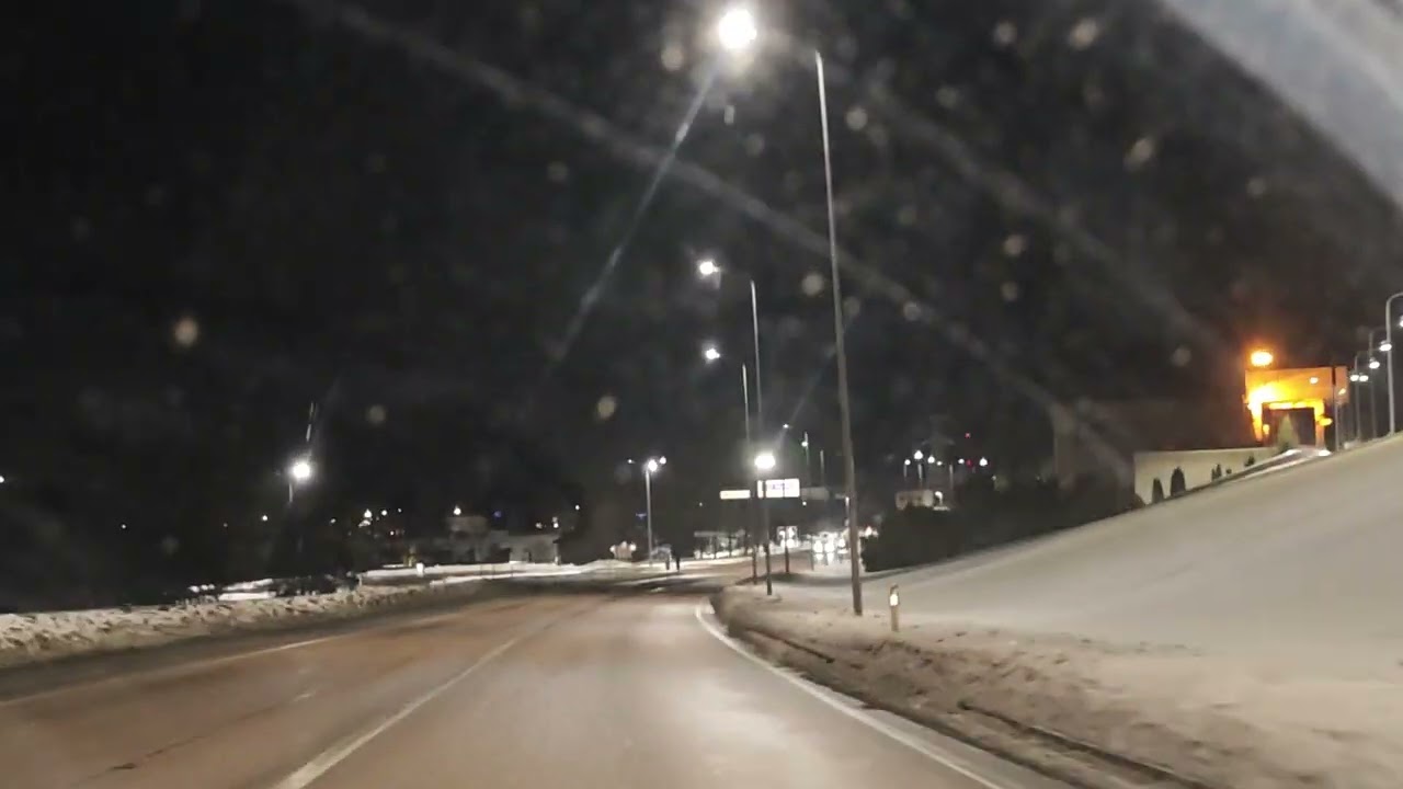 Night drive. Winter Night Drive. From Highway Lights to City Glow