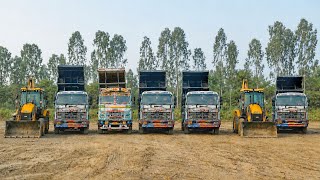 New 2 JCB 3dx Eco Xpert Backhoe Machine Loading Mud in Swaraj855 Tractor Trolley & 5 TATA Dump Truck