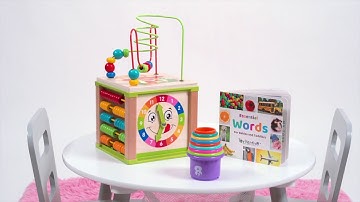 ToyVentive Play & Learn Gift Set: 5-in-1 Wooden Activity Cube, Stacking Cups and Board Book