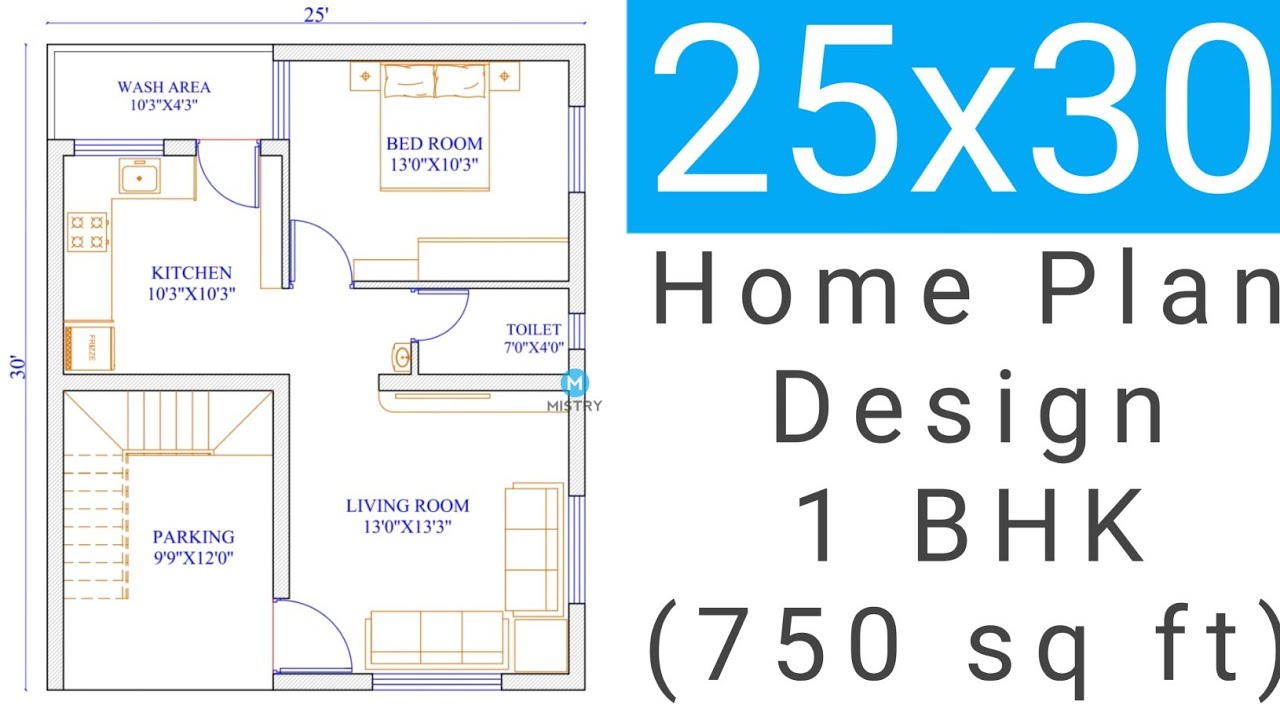 25x30 home plan | 1 BHK | 750 Sq.ft. |
