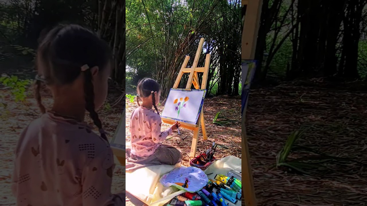 4-year-old kid artist painting in a bamboo garden in Vietnam | Acrylic painting | Mia Mai Art