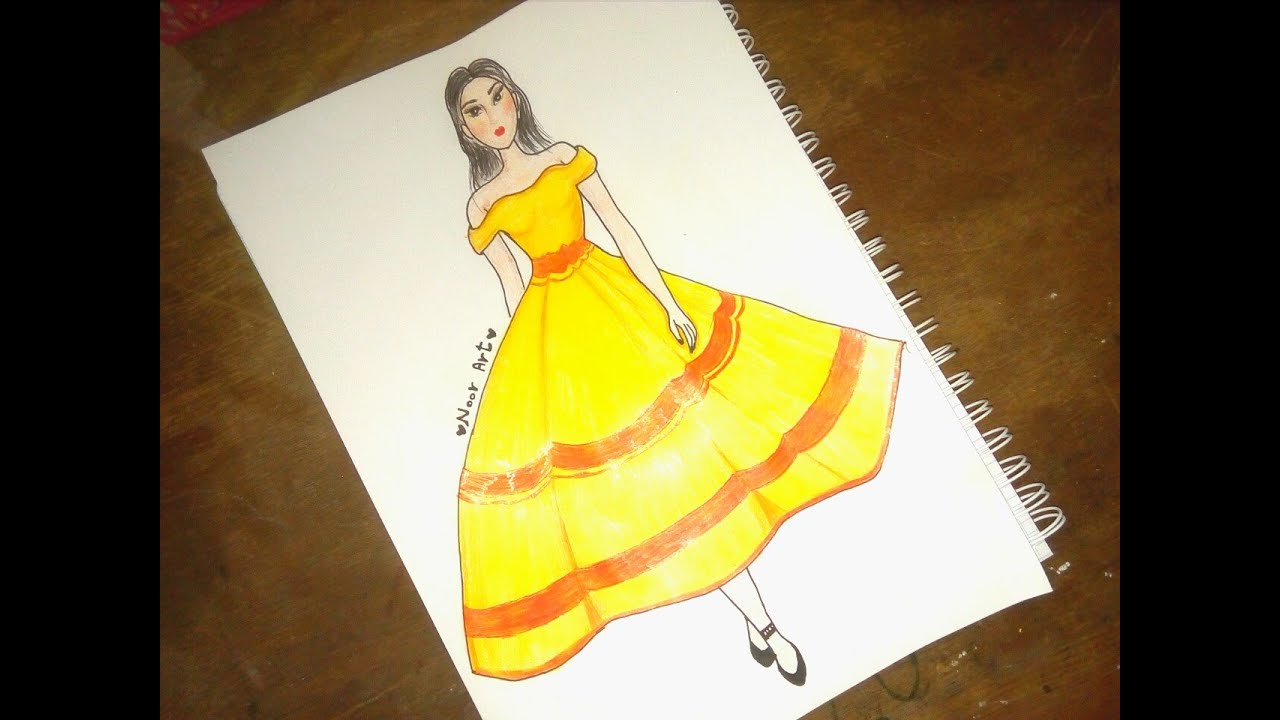 رسم فستان جميل جدا بطريقة سهلة / فستان اصفر لسهرة / تصميم الازياء للمبتدئين  how to draw a dress