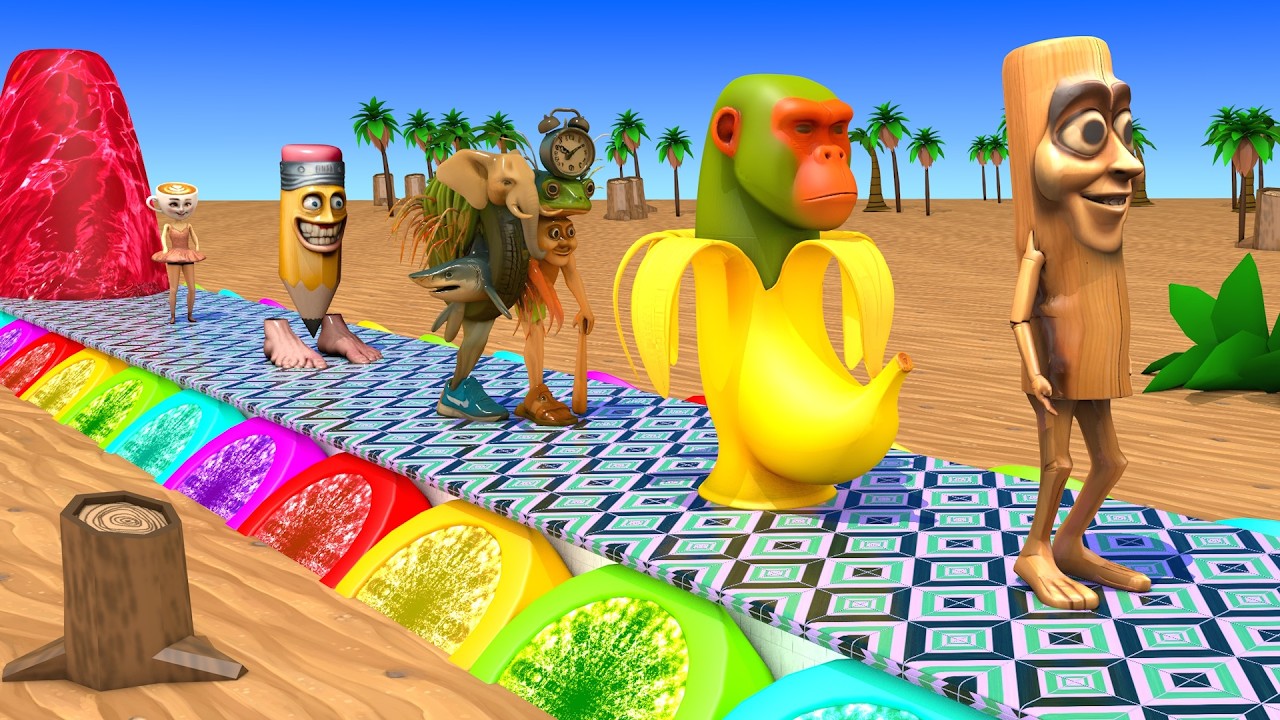 Длинная горка с коровой, слоном, гориллой, бегемотом, тигром, 3D-игра с животными, забавные 3D-жи...