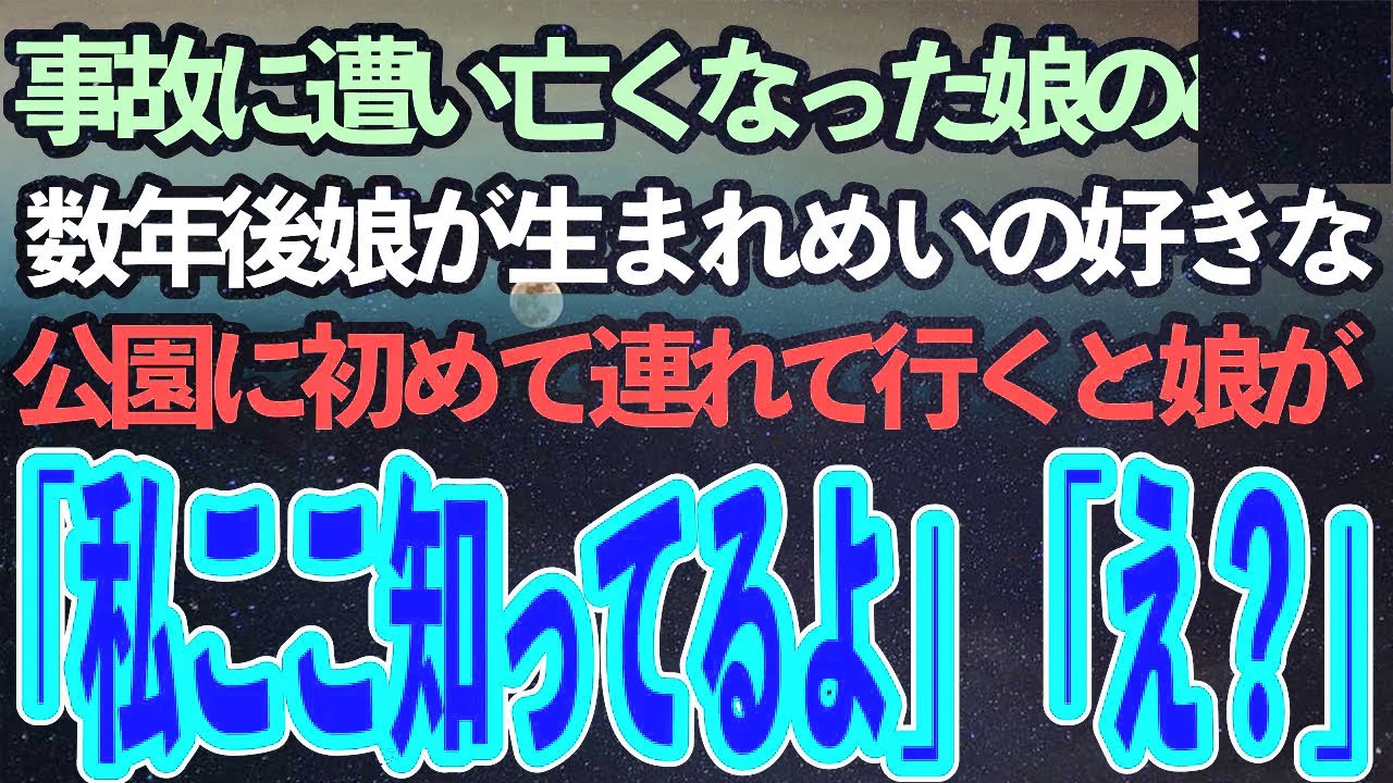 公園へ行く途中事故に遭った娘のめい。昏睡状態から一旦は目覚めるもそのまま力尽きた→数年後娘が生まれ、めいの好きだった公園に連れていくと娘「私ここ知ってるよ」「え？」