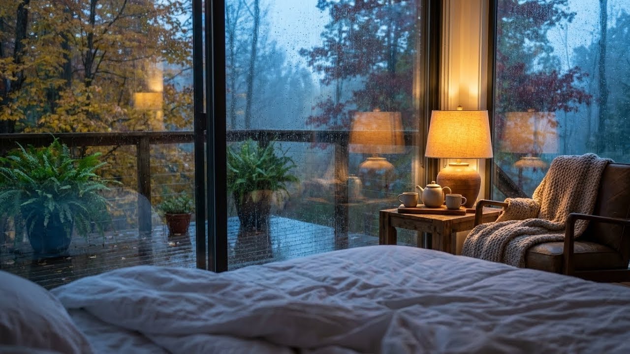 Peaceful Night: Rain Sounds Cozy Nature Room Bedside Tea to Stop Anxiety and Insomnia 🕯️