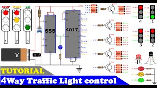 How to make 4 Way Traffic Light control using 555 timer and cd4017 | 4 way traffic signal light