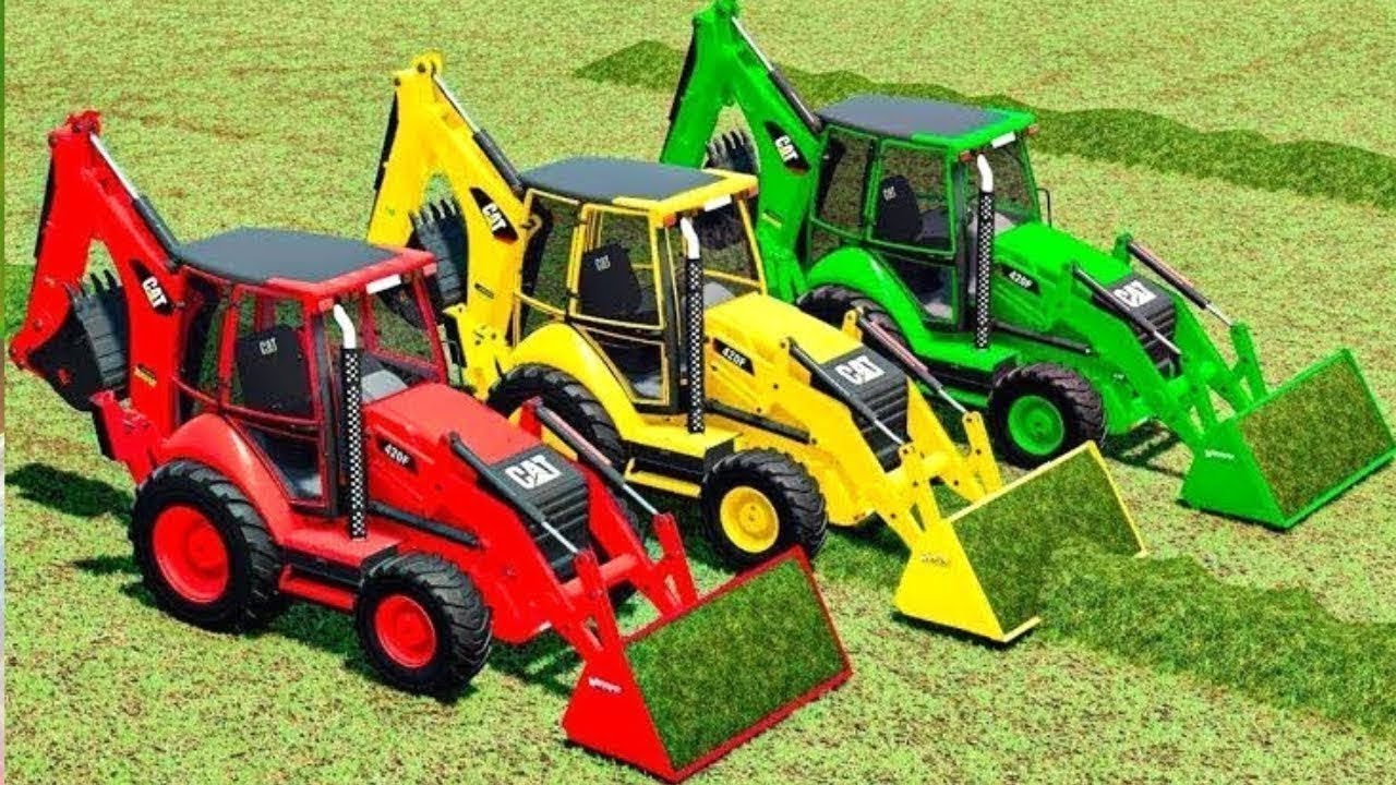 TRANSPORTING MINI TRACTOR & CAT BACKHOE LOADERS vs PORTAL TRAP! CANOLA - PARKOUR COLORS! FS22