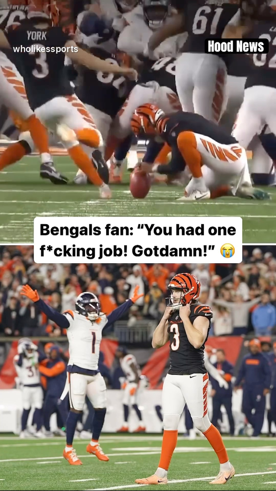 “You had one job” #hoodnews #bengals #broncos #fieldgoal #nfl #CadeYork #kicker #football #omg #fans