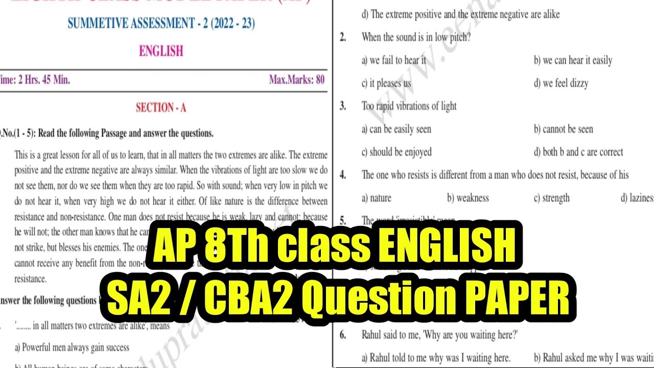 Ap 8th class sa2 /CBA2 ENGLISH question paper 2023 8th class sa2