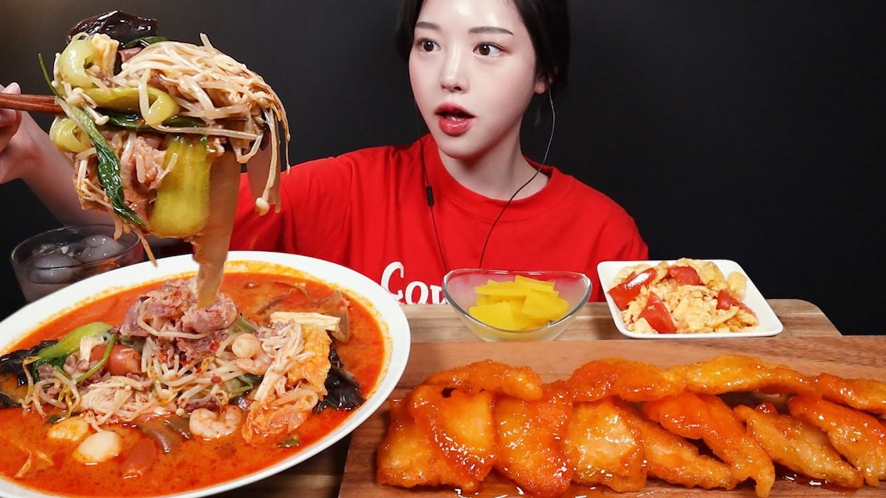 SUB)얼얼한 마라탕에 달달바삭 꿔바로우 먹방! 🌶 국물까지 싹 비우고 토마토달걀볶음까지 꿀조합 리얼사운드 Malatang & Guobaorou Mukbang ASMR