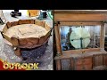 Whats this mysterious tablelike piece and this antique cabinet with glass disks and spinning wheel