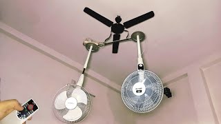 Two stand fans on either side and a ceiling fan in the middle ~ Test P16 SB Remote LED Pedestal Fan