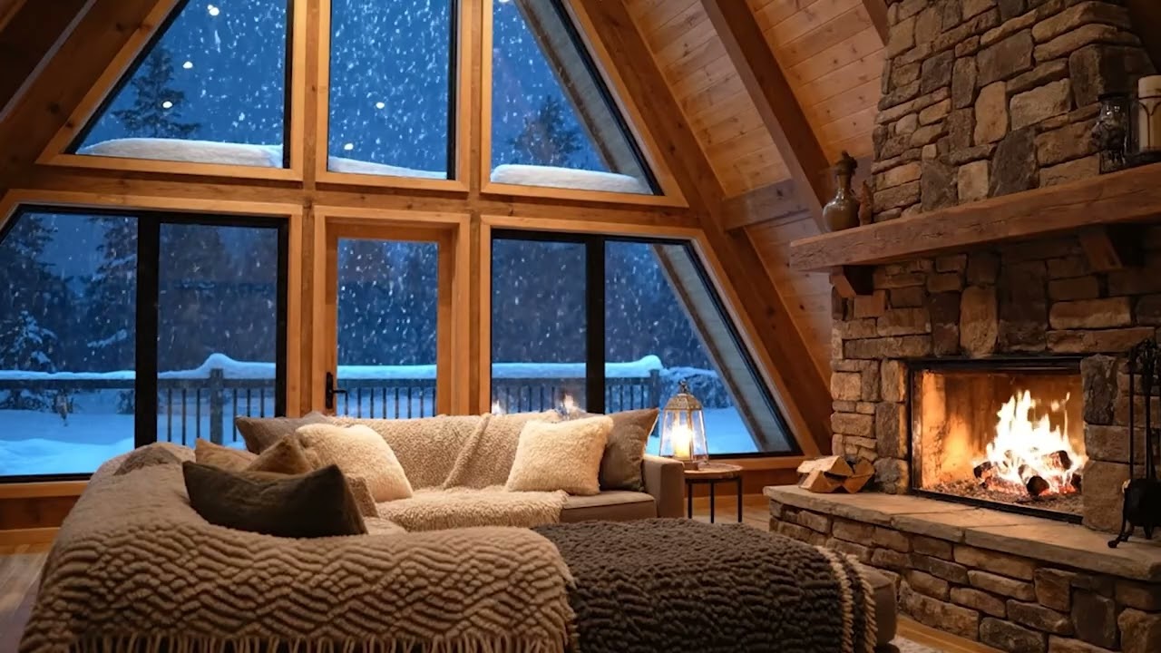 🏔️ A-Frame Cabin | Fireplace & Snowfall Ambience | 12 Hours for Sleep & Relaxation