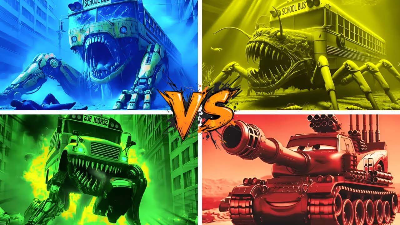 SCHOOL BUS MONSTER🆚SCHOOL BUS MUTATED🆚MCQUEEN TANK EVOLUTION🆚MONSTER SCHOOL BUS 2