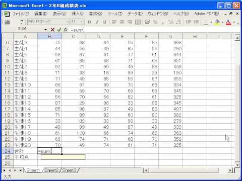 エクセル (Excel) 成績表の課題 - 合計と平均を求める