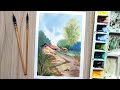 Watercolor Painting For Beginners - Village House Landscape Tutorial