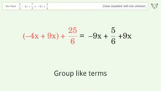 Linear equation with one unknown: Solve 2/3-4x+7/2=-9x+5/6 step-by-step solution