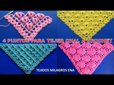 4 puntos para chales o shawl a crochet paso a paso en V, punta o triangular con abanicos y rococo