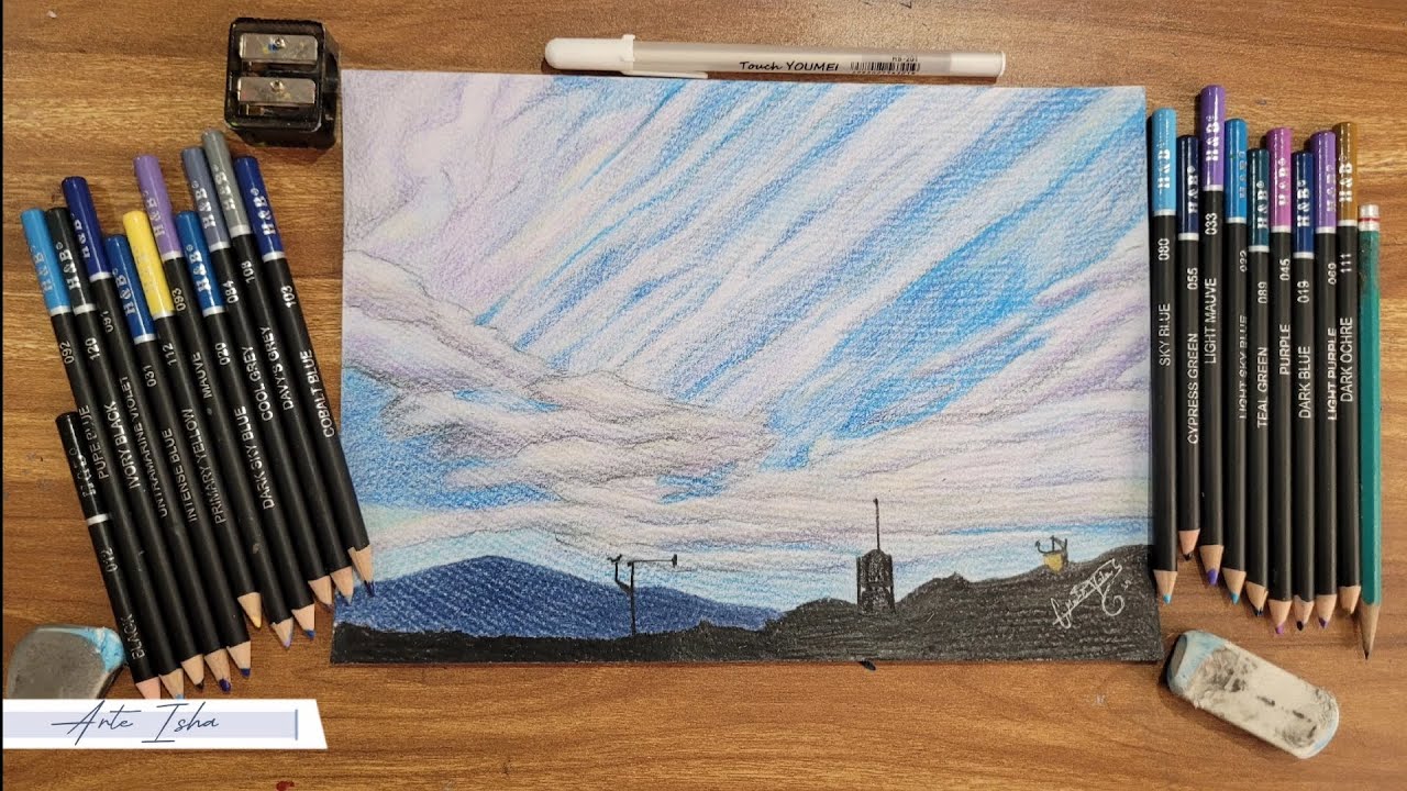 Paisaje realizado con lápices de colores, te muestro cómo hice el cielo