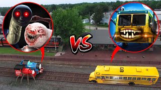 Drone catches BUS EATER VS CHOO CHOO CHARLES AND THOMAS THE TRAIN IN REAL LIFE!! (HUGE FIGHT)