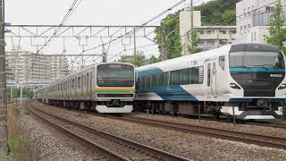 上野東京ラインE233系、E231系、E257系2000番台回送@横須賀線保土ヶ谷駅(2021.05)