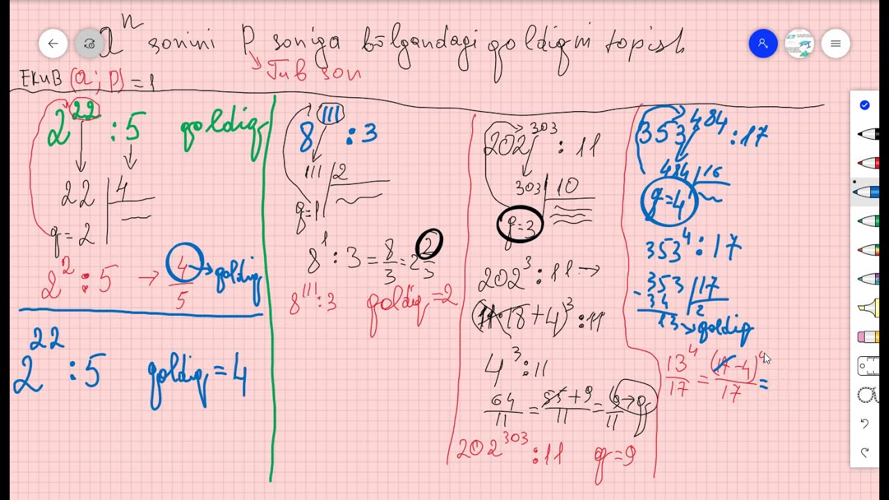 Ferma Teoremasi SODDA HOLI. Matematika go'zalligi. Darajali sonni biror Tub songa bo'lgandagi qoldiq