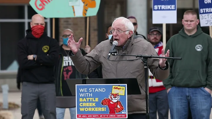 Senator Bernie Sanders speaks to Kellogg strikers