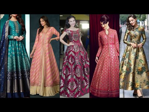Mustard Embroidery Multi Work N Printed Banarasi Silk Designer Party Wear  Gown . Buy Online Shopping At- UK