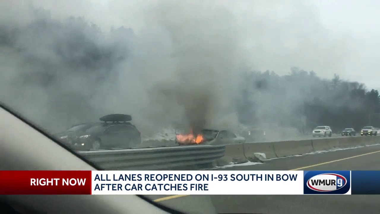 Highway back open after car catches fire in Bow - YouTube
