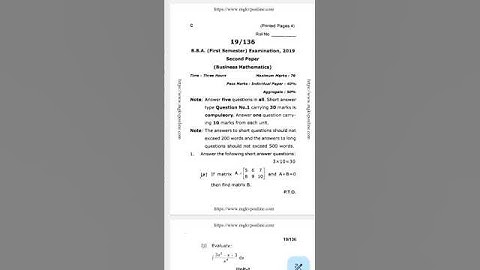 Business Mathematics BBA 1st Semester Previous Year Question Paper 2019 MGKV University #bba