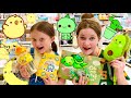 Yellow and green kawaii back to school challenge with sisters play