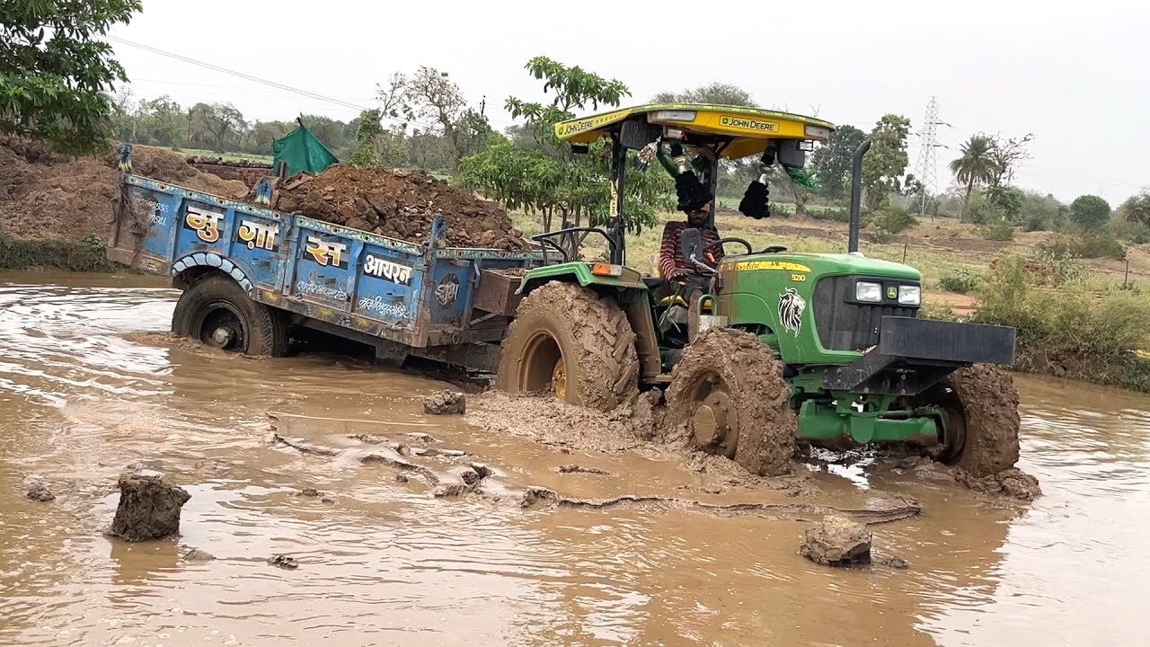 John Deere 4wd Badly Struck in Mud With Trolley Pulling by Mahindra 575
