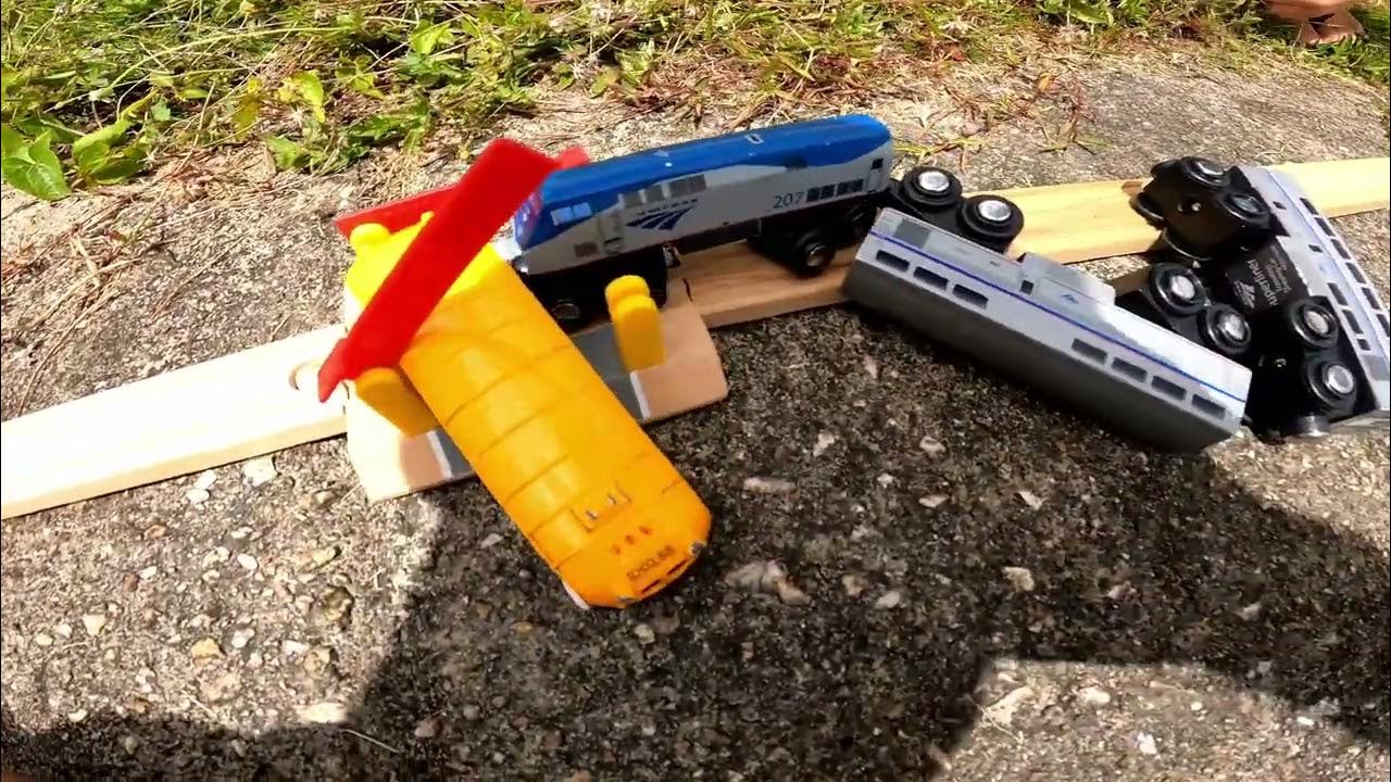 Ep.8 Amtrak wooden train toy crashes with bus! YouTube