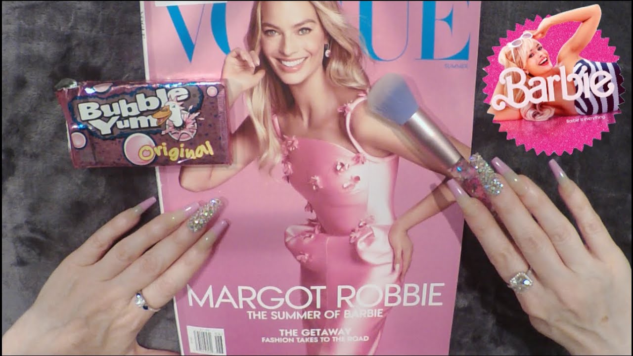 ASMR Gum Chewing Magazine Flip Through | Barbie The Movie - Margot Robbie | Whispered Page Turning