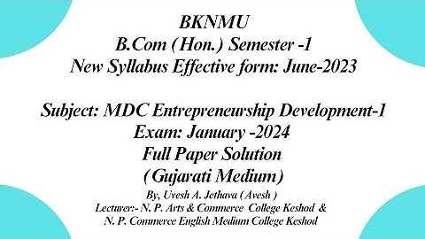 #bknmu B.com(Hon) Sem-1MDC Enterpreneurship Development-1 Exam 2024 Paper Solution #bknmu_bcom_sem_1