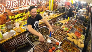 Street Food from Sicily, Italy. Sausages, Burgers, Grilled Meat, Cannoli, Meusa, Stigghiola