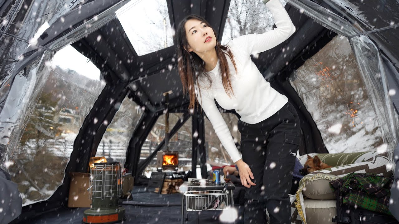 Неожиданный снег ❄️ Уютный зимний кемпинг с огромной надувной палаткой 60 кг / Camping ASMR