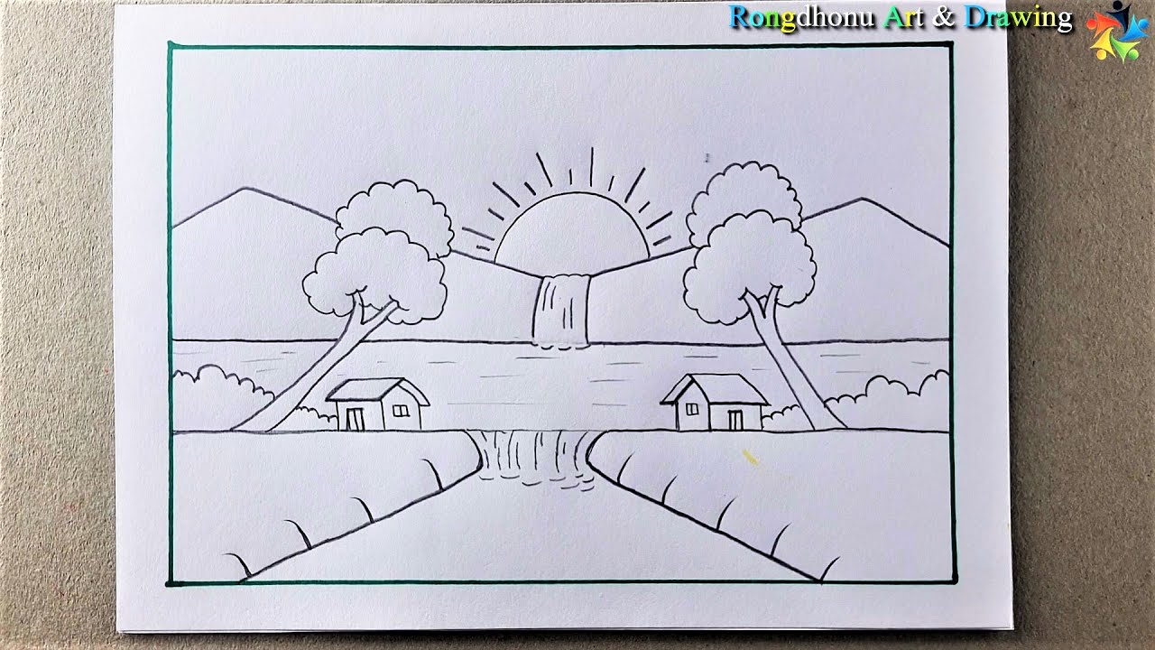 How to draw a Scenery of waterfalls Beautiful scenery in very simple ...
