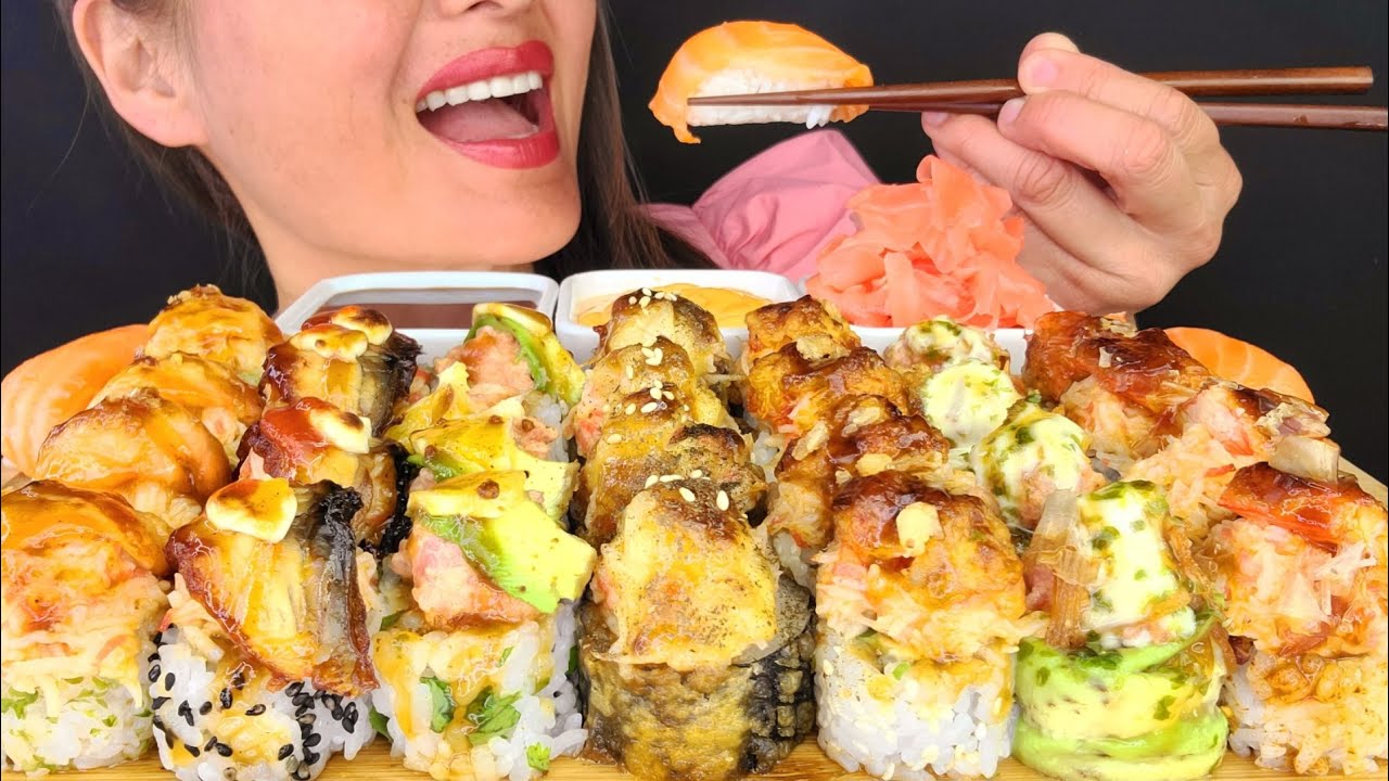 UNIQUE BEAUTIFUL SPECIALTY SUSHI ROLLS ASMR MUKBANG OMAD SEAFOOD BIG BITES SALMON TUNA RAW FRIED