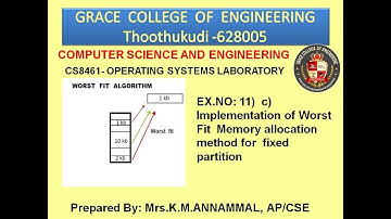GRACE COE –CSE – CS8461 –OS LAB –EX.NO.11(c) – IMPLEMENTATION OF THE WORST FIT MEMORY ALLOCATION