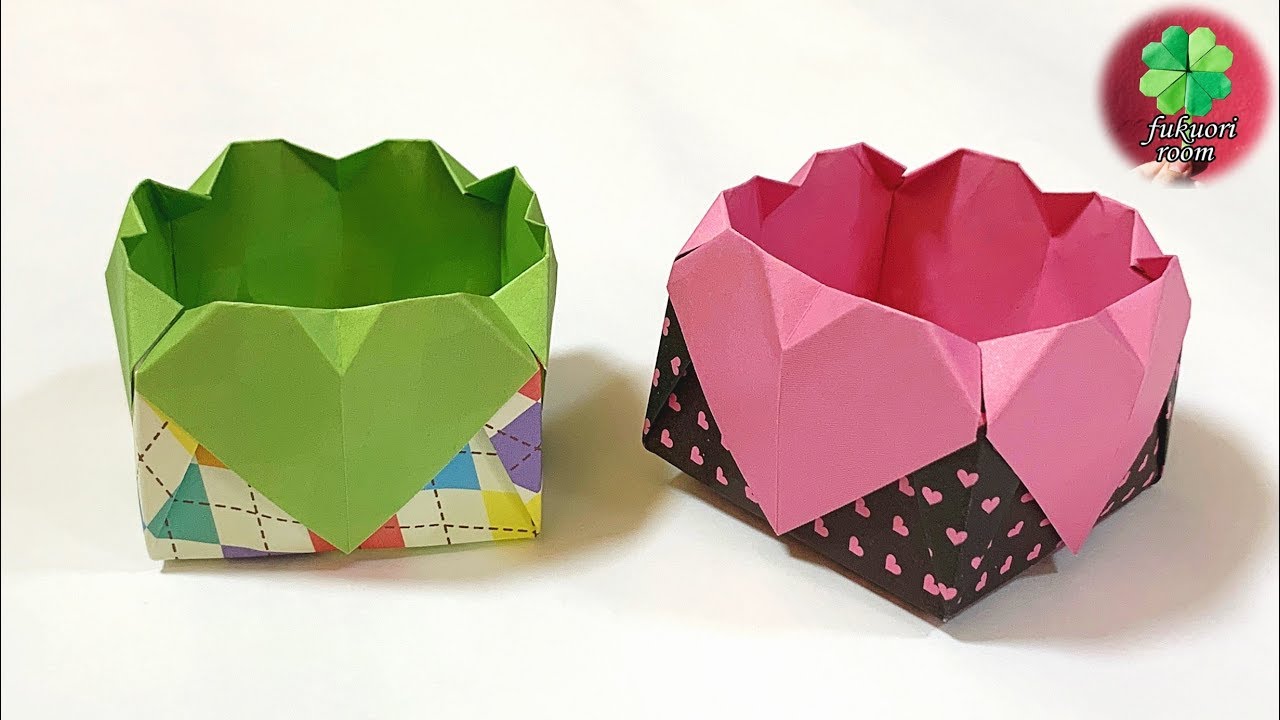 折り紙1枚 ハートの飾り付きの箱の折り方 可愛い バレンタインにも Origami Box With Hearts Origami Fukuoriroom Youtube