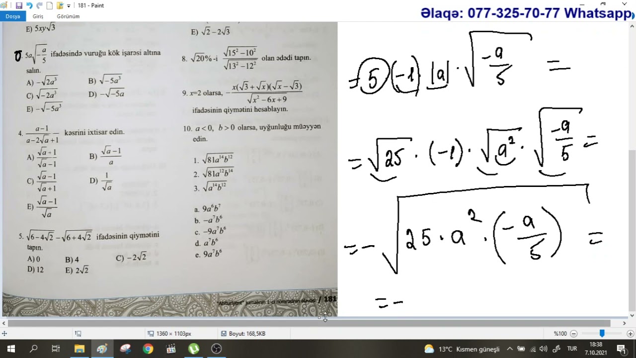DİM 8 ci sinif.Səhifə 181.Hesabi kvadrat kökün xassələrinin tətbiqi.İfadələrin çevrilməsi.C variantı