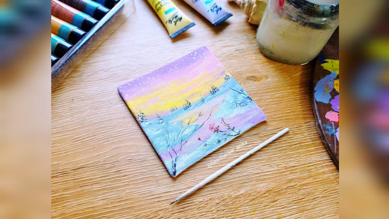 Dreamy winter acrylic painting tutorial/easy canvas painting for beginners/snowy sunset art ideas