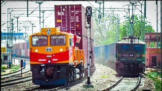 First Ever WDG6G With Double Stack Container Overtaking WAG9 With HR PANTO Xing PORBANDAR Express IR